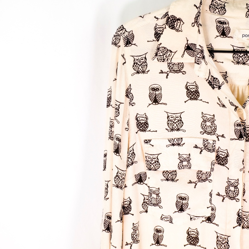 ANTHROPOLOGIE PORRIDGE Owl Button Down Shirt Sz M